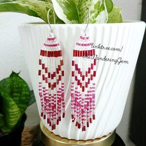 BOGO EARRINGS Boho Chic Beaded Fringe Cascade Dangle Earrings, Plum & White, 4"